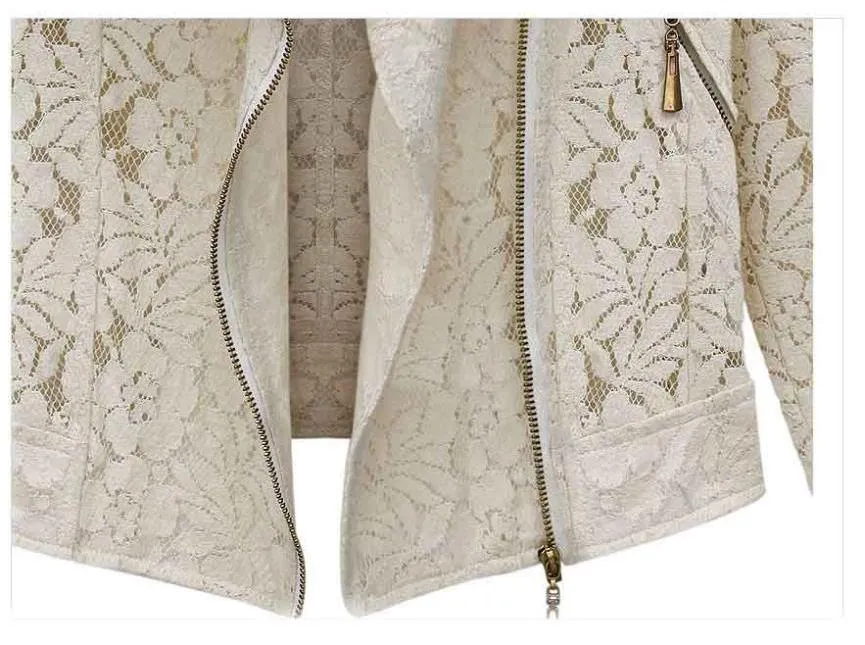Lace Biker Jacket Autumn High Quality Full Lace Outwear Leisure Casual Short Jacket Metal Zipper Jacket
