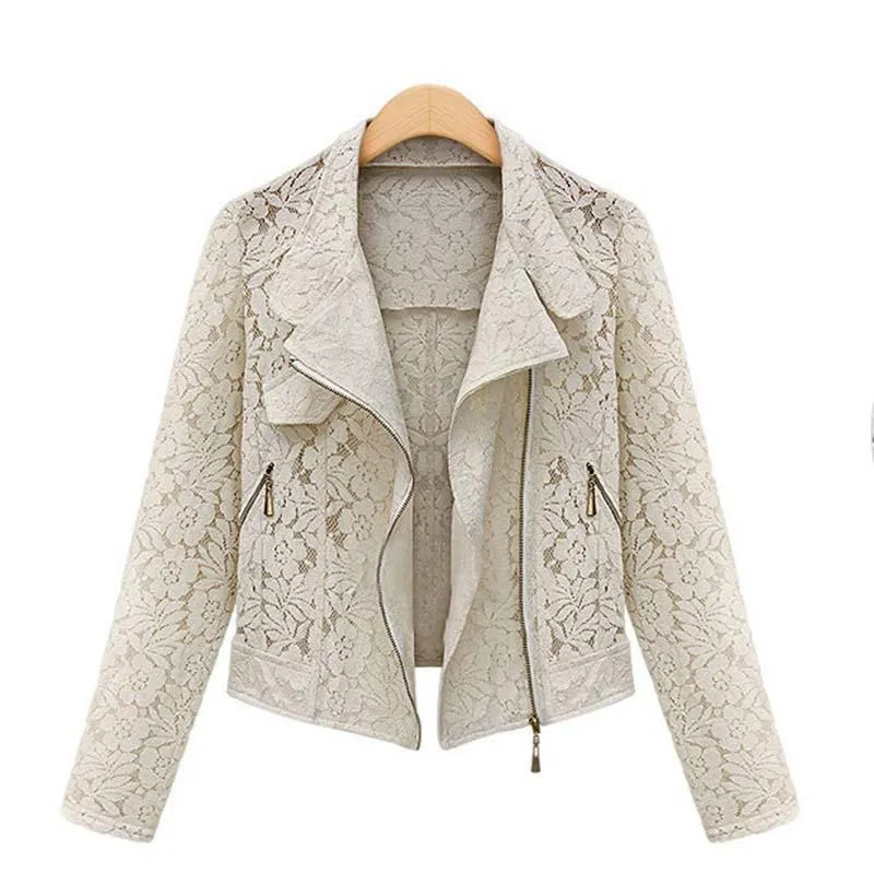 Lace Biker Jacket Autumn High Quality Full Lace Outwear Leisure Casual Short Jacket Metal Zipper Jacket