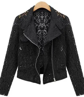 Lace Biker Jacket Autumn High Quality Full Lace Outwear Leisure Casual Short Jacket Metal Zipper Jacket