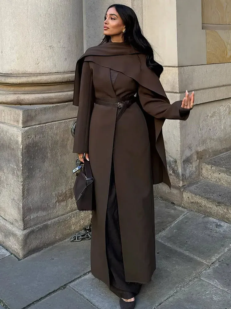 LVSANW Fashion Brown Scarf Collar Oversized Overcoats For Women Chic Long Sleeve One Button Crop Cape Coat 2025 Lady Street Outerwears