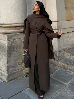 LVSANW Fashion Brown Scarf Collar Oversized Overcoats For Women Chic Long Sleeve One Button Crop Cape Coat 2025 Lady Street Outerwears