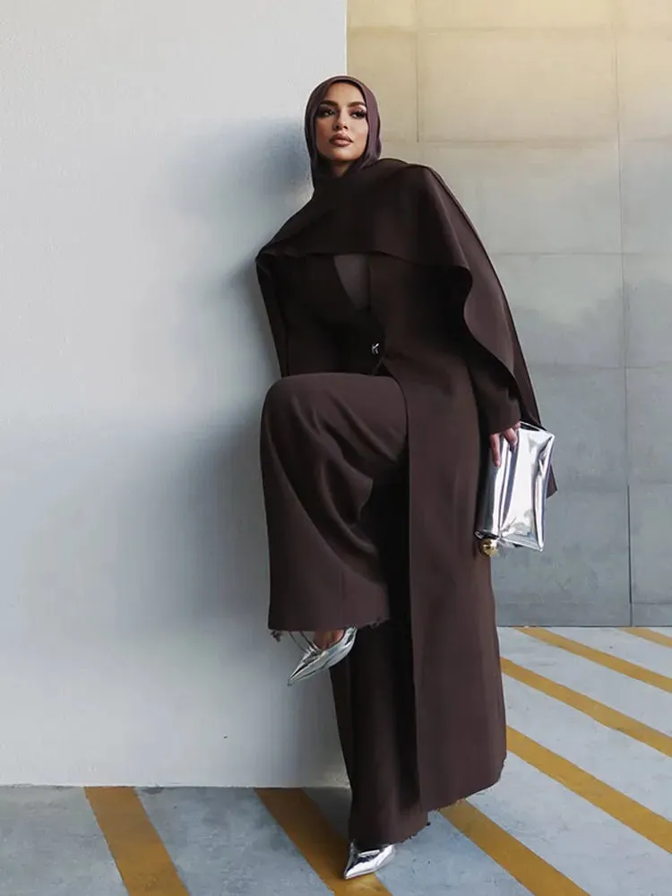 LVSANW Fashion Brown Scarf Collar Oversized Overcoats For Women Chic Long Sleeve One Button Crop Cape Coat 2025 Lady Street Outerwears