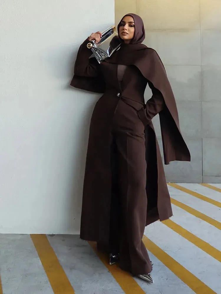 LVSANW Fashion Brown Scarf Collar Oversized Overcoats For Women Chic Long Sleeve One Button Crop Cape Coat 2025 Lady Street Outerwears