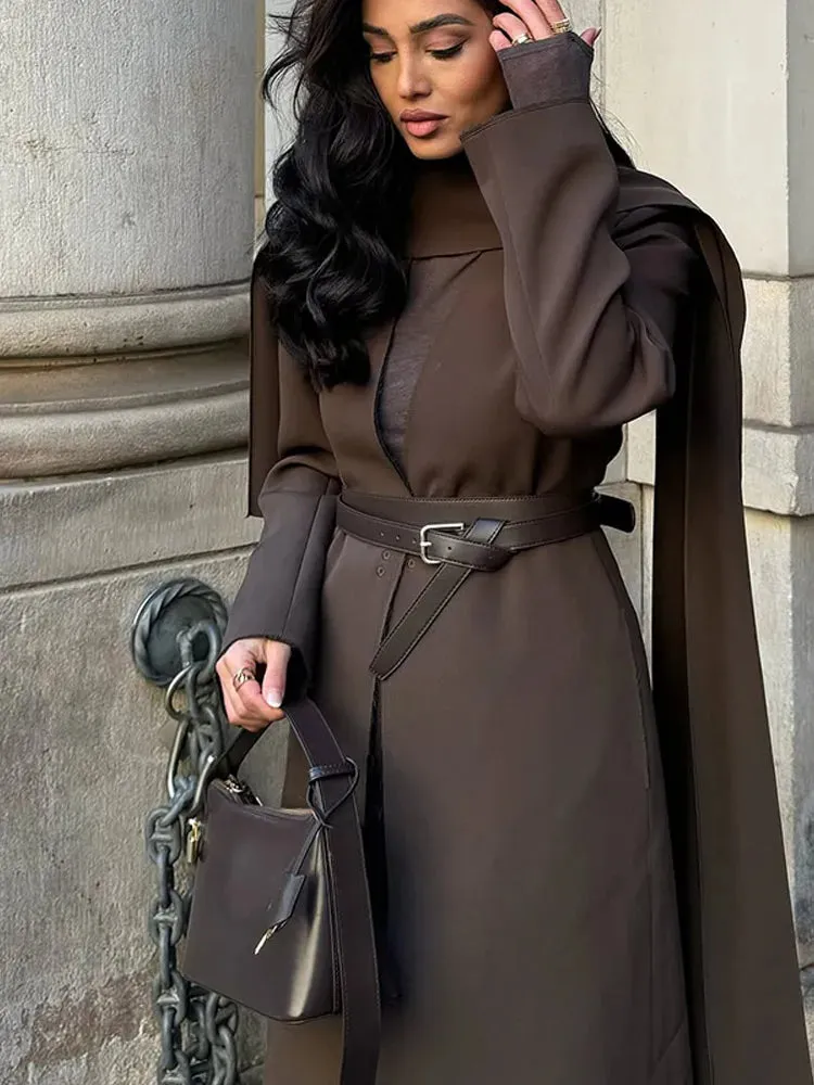 LVSANW Fashion Brown Scarf Collar Oversized Overcoats For Women Chic Long Sleeve One Button Crop Cape Coat 2025 Lady Street Outerwears