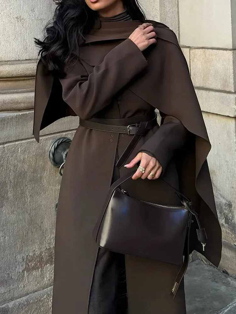 LVSANW Fashion Brown Scarf Collar Oversized Overcoats For Women Chic Long Sleeve One Button Crop Cape Coat 2025 Lady Street Outerwears