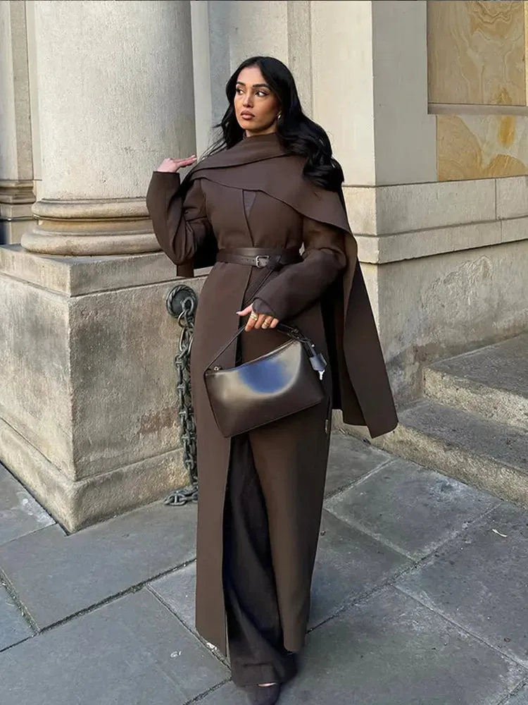 LVSANW Fashion Brown Scarf Collar Oversized Overcoats For Women Chic Long Sleeve One Button Crop Cape Coat 2025 Lady Street Outerwears