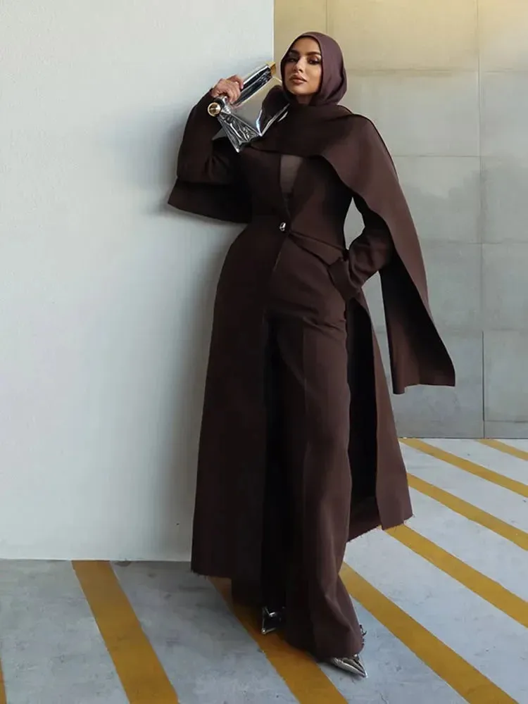 LVSANW Fashion Brown Scarf Collar Oversized Overcoats For Women Chic Long Sleeve One Button Crop Cape Coat 2025 Lady Street Outerwears