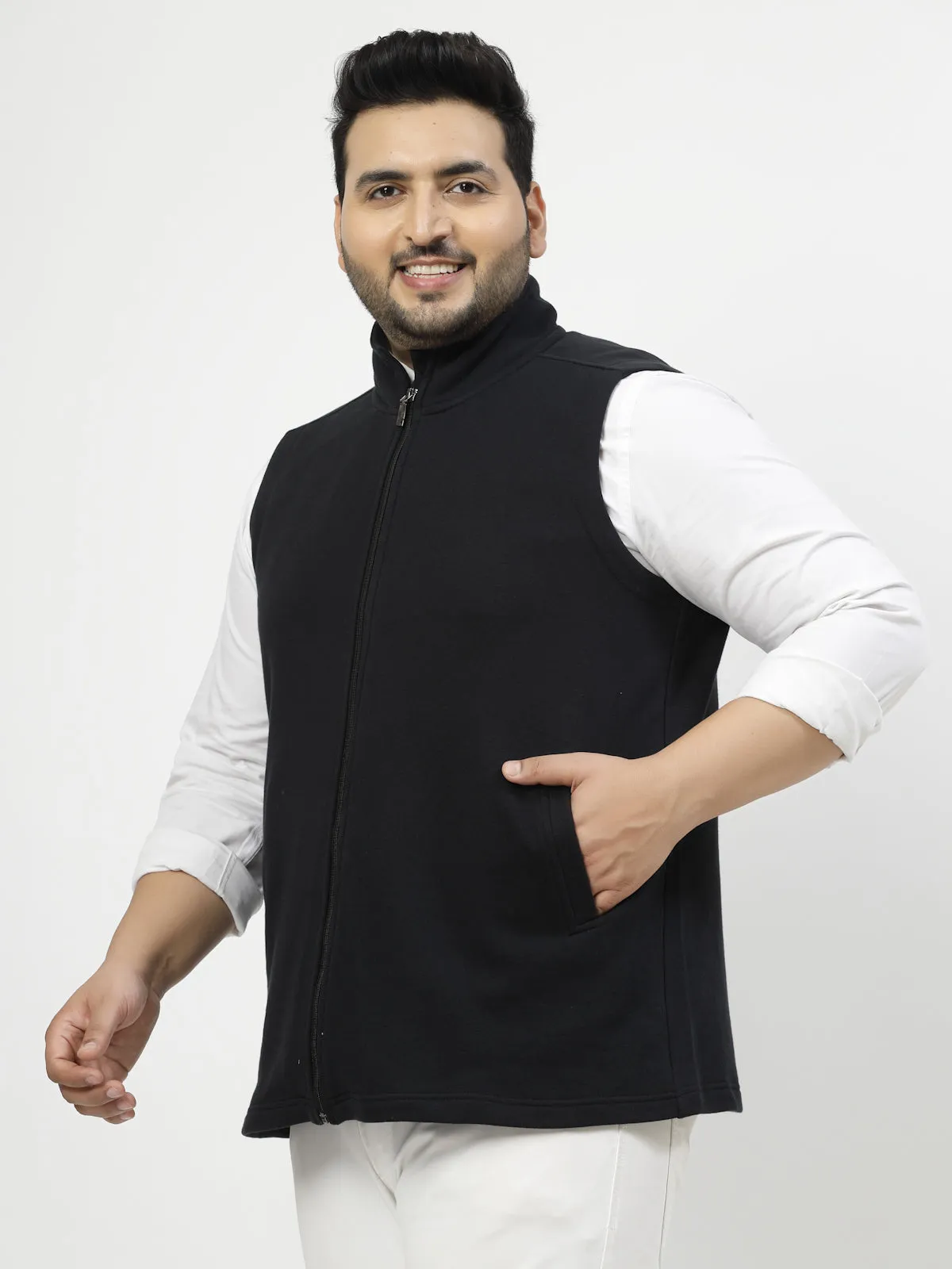 Men Geometric Striped Fleece Longline Tailored Jacket