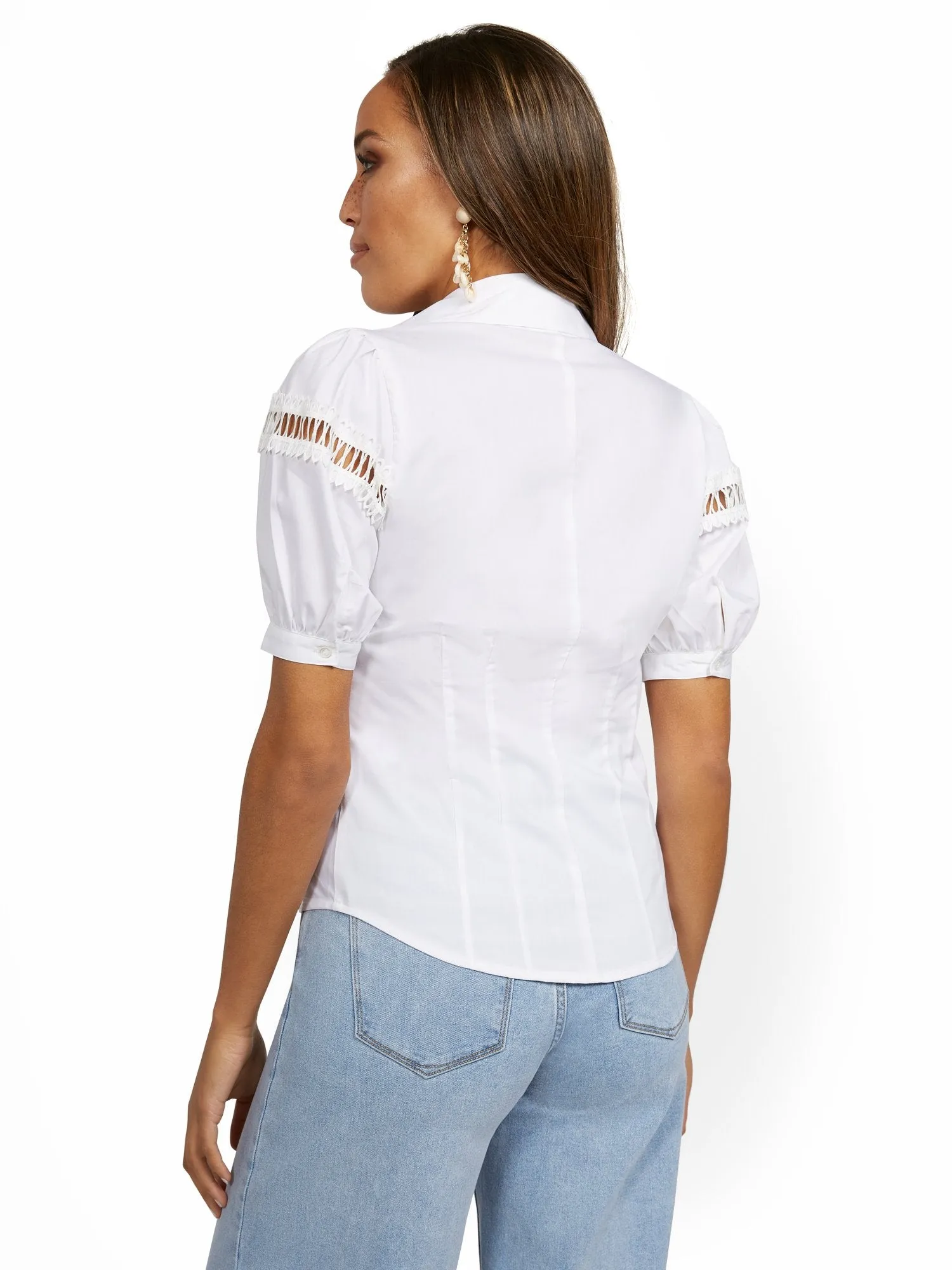 Petite Lace-Trim Puff-Sleeve Shirt - Lily & Cali