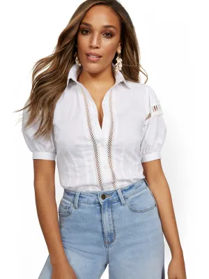 Petite Lace-Trim Puff-Sleeve Shirt - Lily & Cali