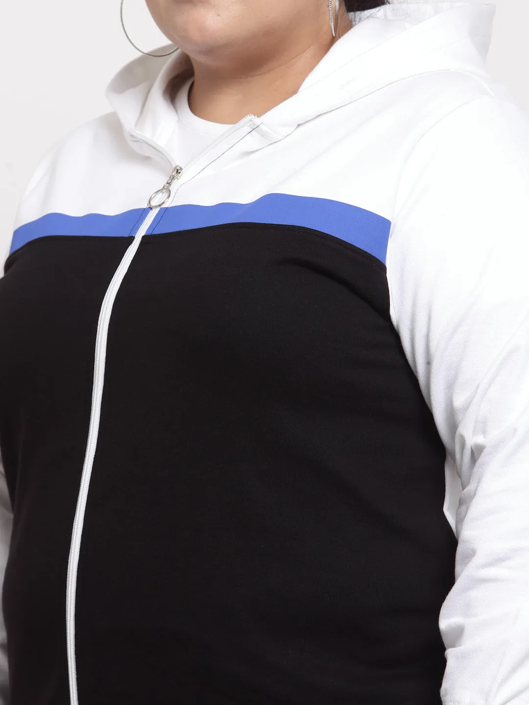 plusS Women Plus Size White  Black Colourblocked Hooded Cotton Sweatshirt