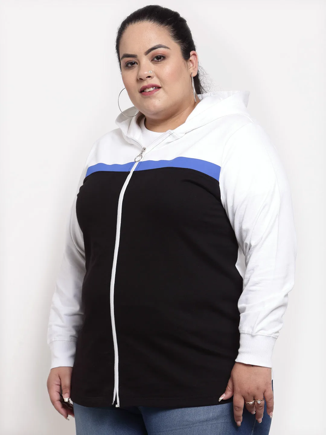 plusS Women Plus Size White  Black Colourblocked Hooded Cotton Sweatshirt