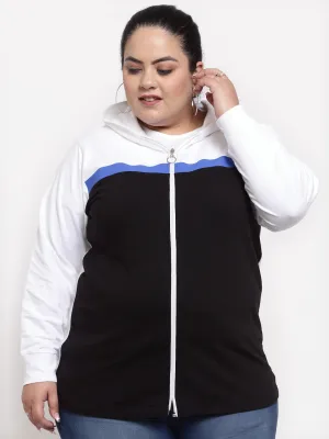 plusS Women Plus Size White  Black Colourblocked Hooded Cotton Sweatshirt