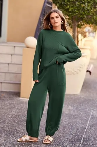 PRETTYGARDEN Women's 2 Piece Tracksuit Outfit Long Sleeve Pullover Top High Waisted Sweatpants with Pockets (Dark Green,Small)