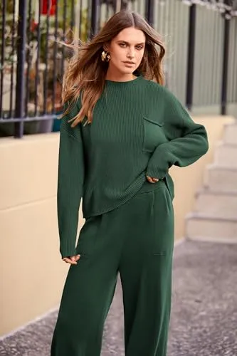 PRETTYGARDEN Women's 2 Piece Tracksuit Outfit Long Sleeve Pullover Top High Waisted Sweatpants with Pockets (Dark Green,Small)