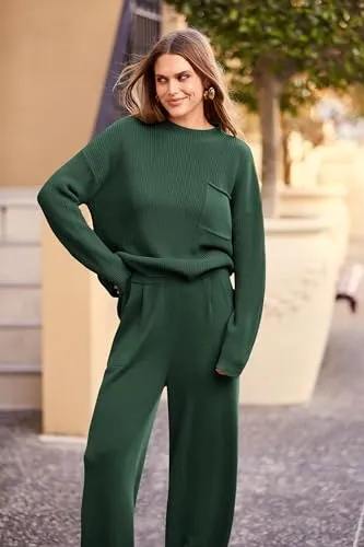 PRETTYGARDEN Women's 2 Piece Tracksuit Outfit Long Sleeve Pullover Top High Waisted Sweatpants with Pockets (Dark Green,Small)