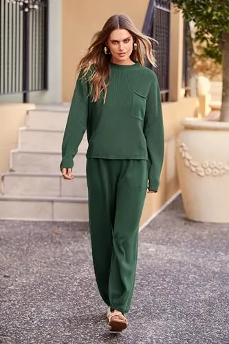 PRETTYGARDEN Women's 2 Piece Tracksuit Outfit Long Sleeve Pullover Top High Waisted Sweatpants with Pockets (Dark Green,Small)