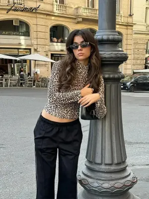TAVIMART -  Fashion Leopard Print Short T-shirt For Women Casual Loose Round Neck Long Sleeve Tank Tops 2024 Spring Street Female Pullovers