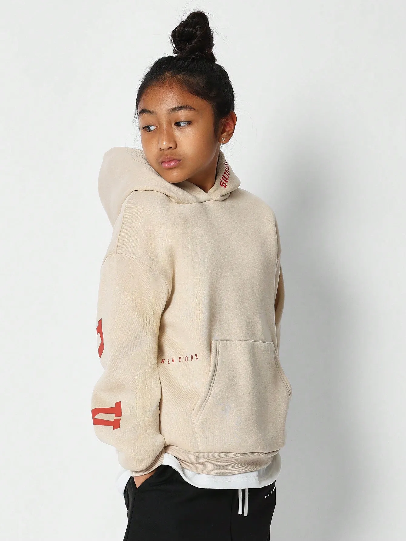 Tween Girls Overhead Hoodie With Immense New York Graphic Print