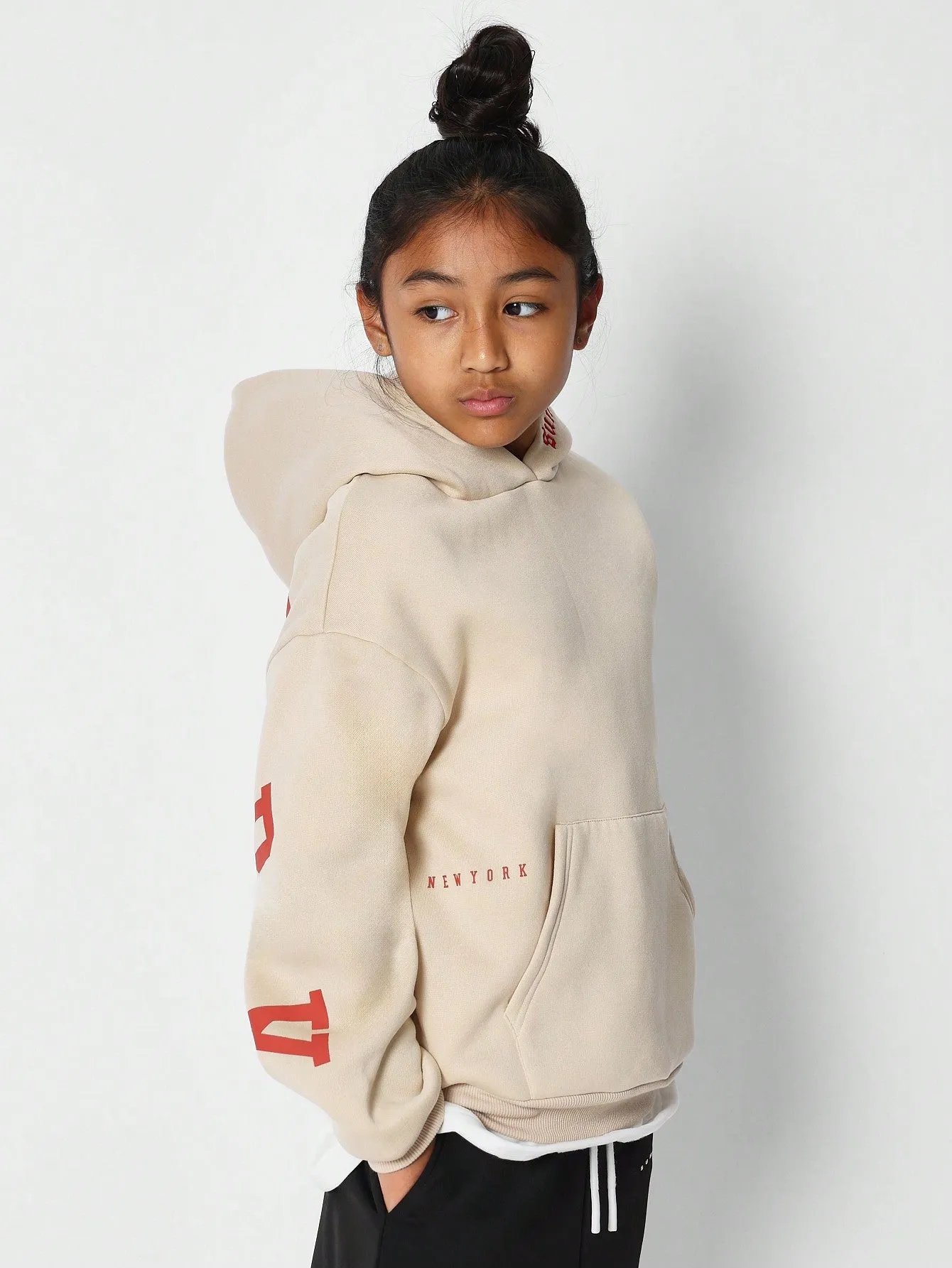 Tween Girls Overhead Hoodie With Immense New York Graphic Print