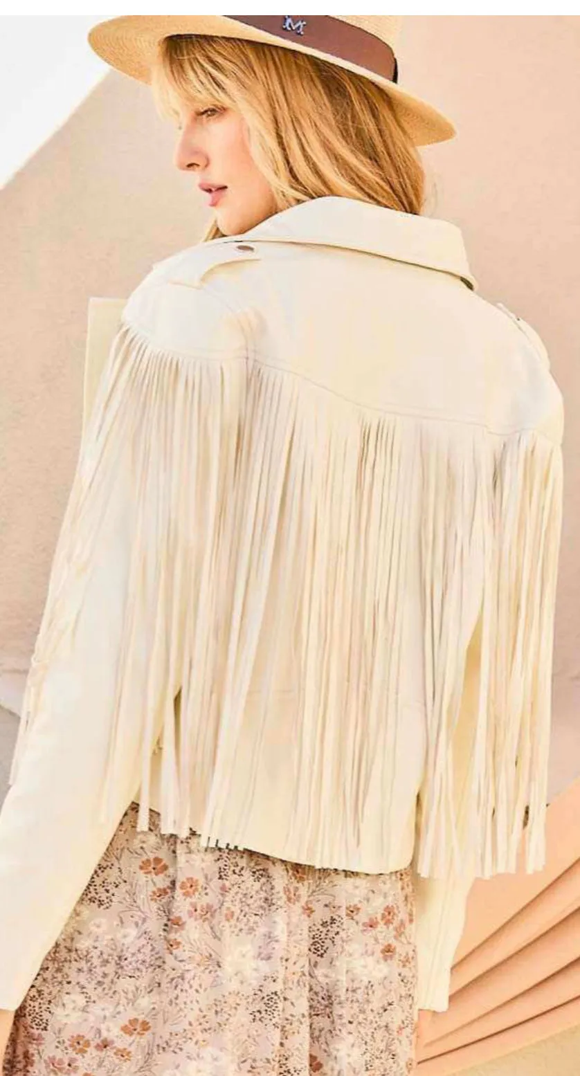 Vegan Leather Fringe Off White Jacket