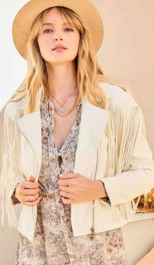 Vegan Leather Fringe Off White Jacket
