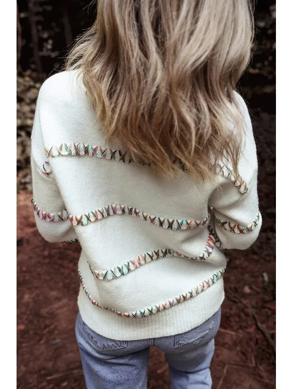 White Crossed Stitch Drop Shoulder Sweater