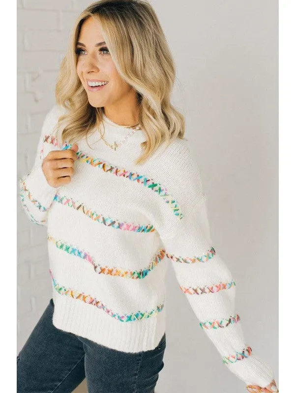 White Crossed Stitch Drop Shoulder Sweater