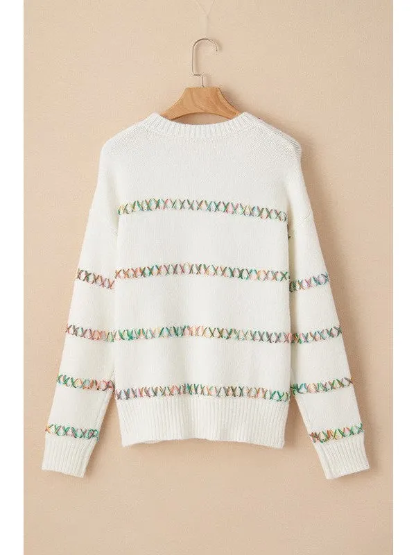White Crossed Stitch Drop Shoulder Sweater