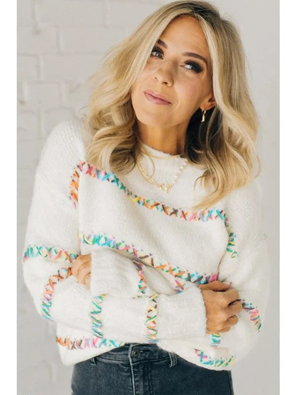 White Crossed Stitch Drop Shoulder Sweater