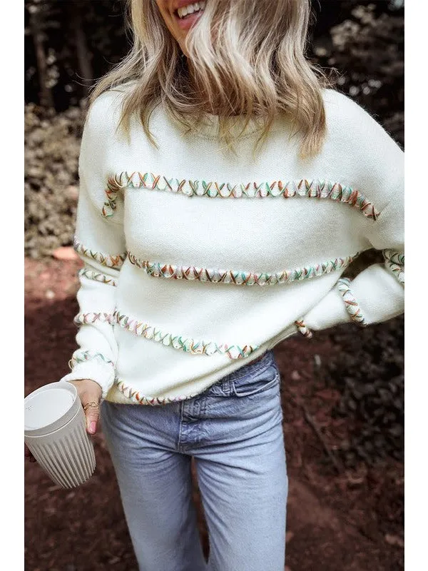 White Crossed Stitch Drop Shoulder Sweater