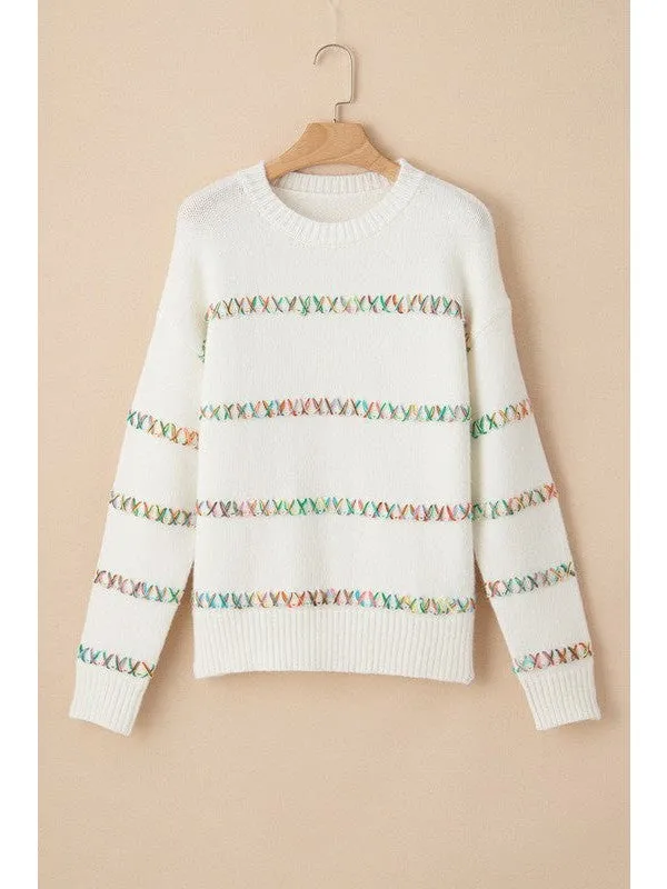 White Crossed Stitch Drop Shoulder Sweater