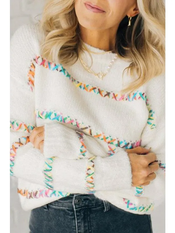 White Crossed Stitch Drop Shoulder Sweater