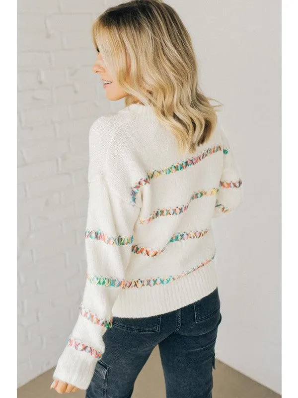 White Crossed Stitch Drop Shoulder Sweater