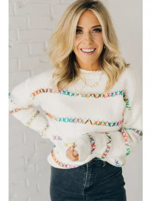 White Crossed Stitch Drop Shoulder Sweater