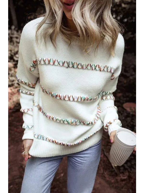 White Crossed Stitch Drop Shoulder Sweater