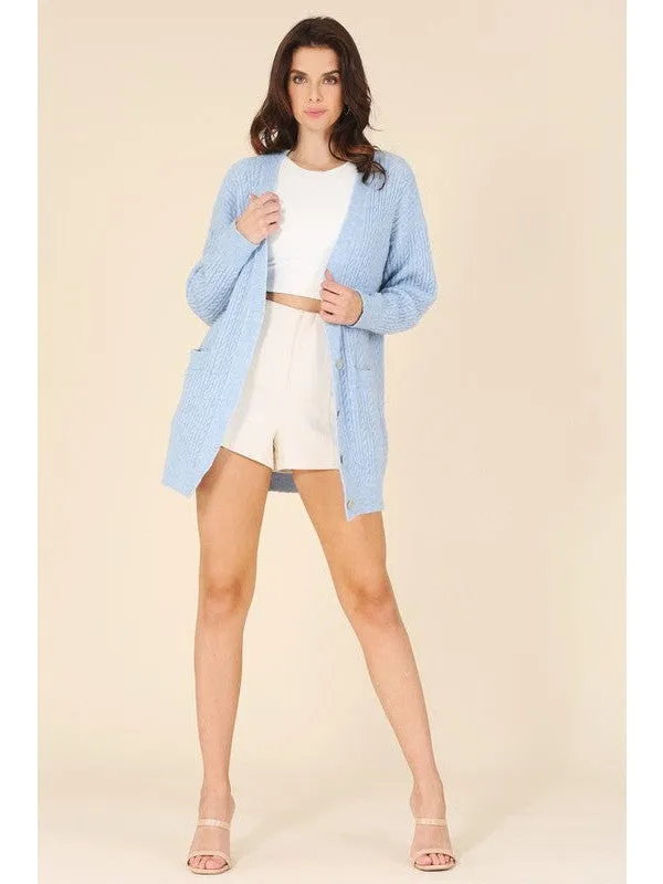 Wool blended cable knitted cardigan