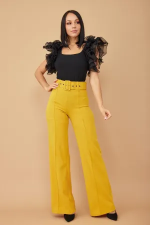 Yellow High Waist Pants With Buckle Belt