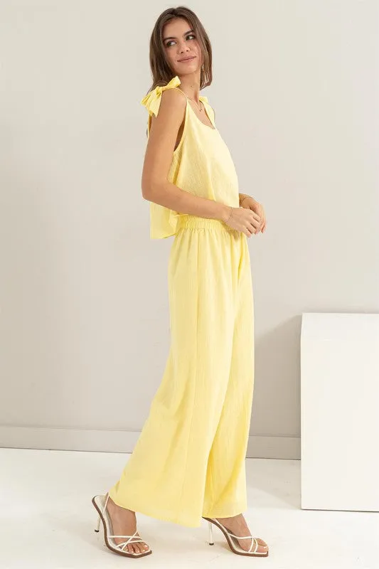 Yellow Textured Top And Pants 2-Piece Set