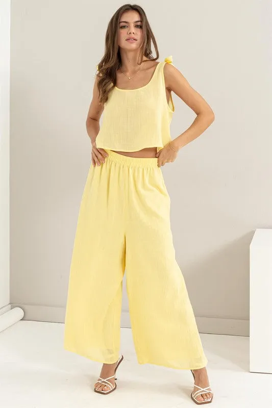 Yellow Textured Top And Pants 2-Piece Set
